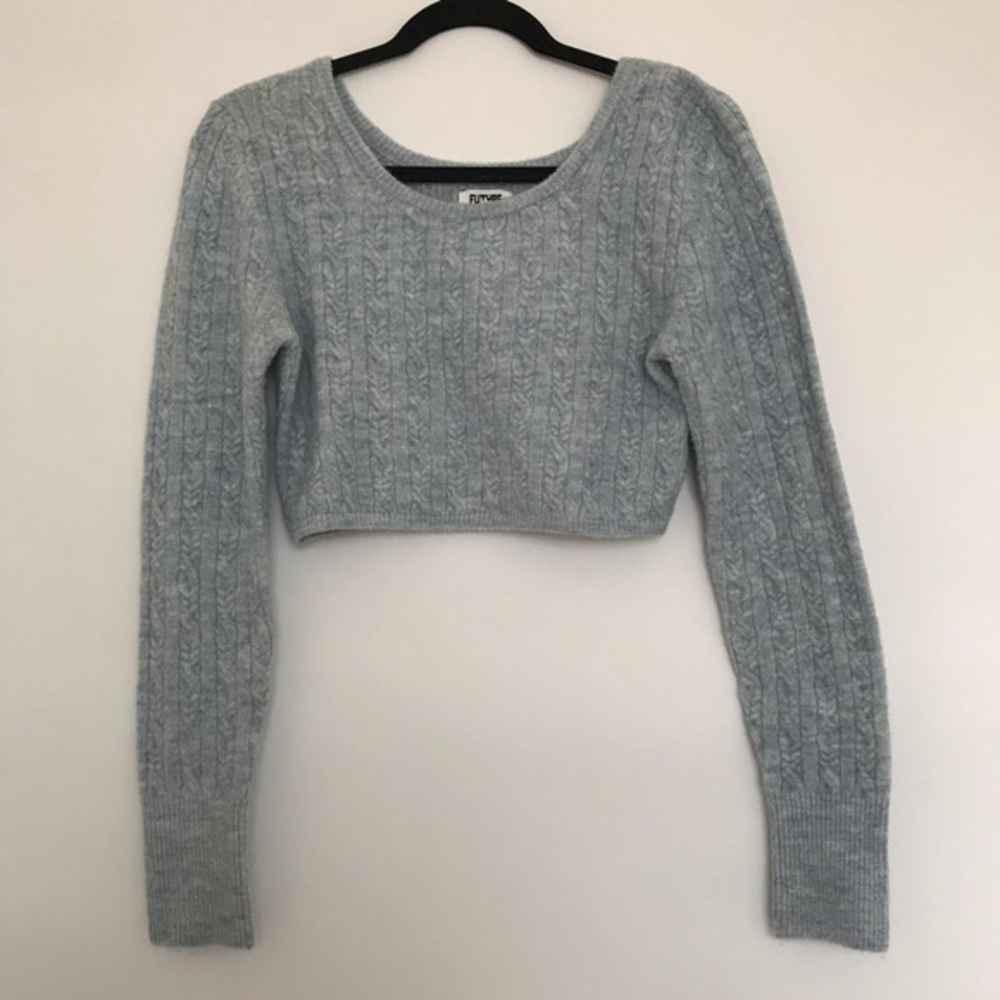 Future Collective Reese Cropped Sweater Pastel Blue Cable Knit Size S